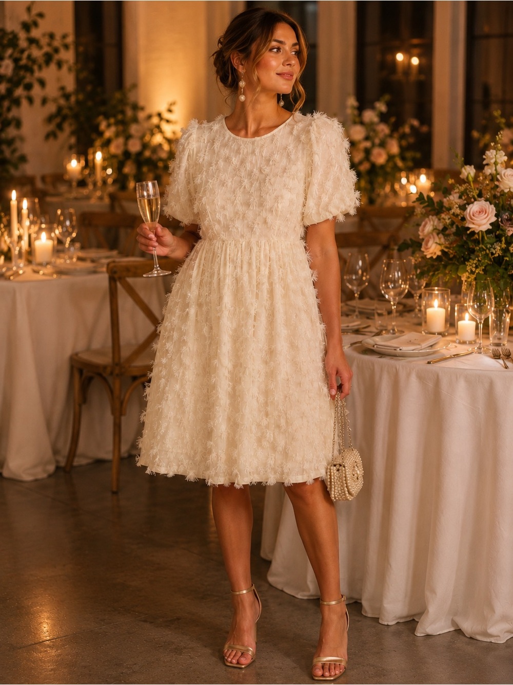 Sister Jane Ivory Textured Faux Feather Puff Sleeve Dress US 4 S